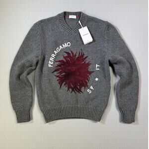 Ferragamo V-neck wool/cashmere sweater floral Grey Large $2300